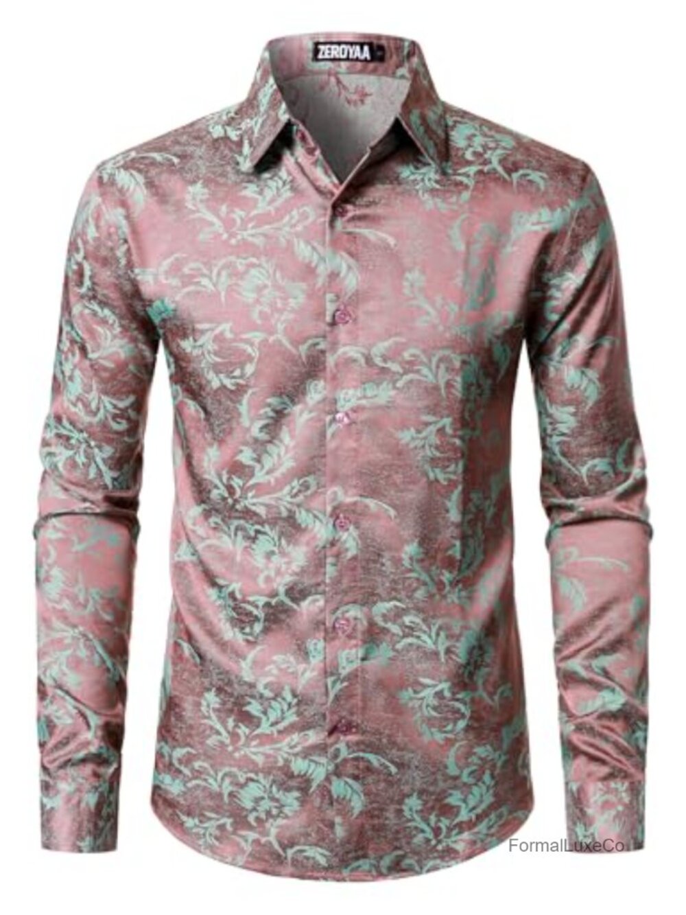 Men's Luxury Jacquard Satin Silk-Like Long Sleeve Dress Shirt Slim Fit
